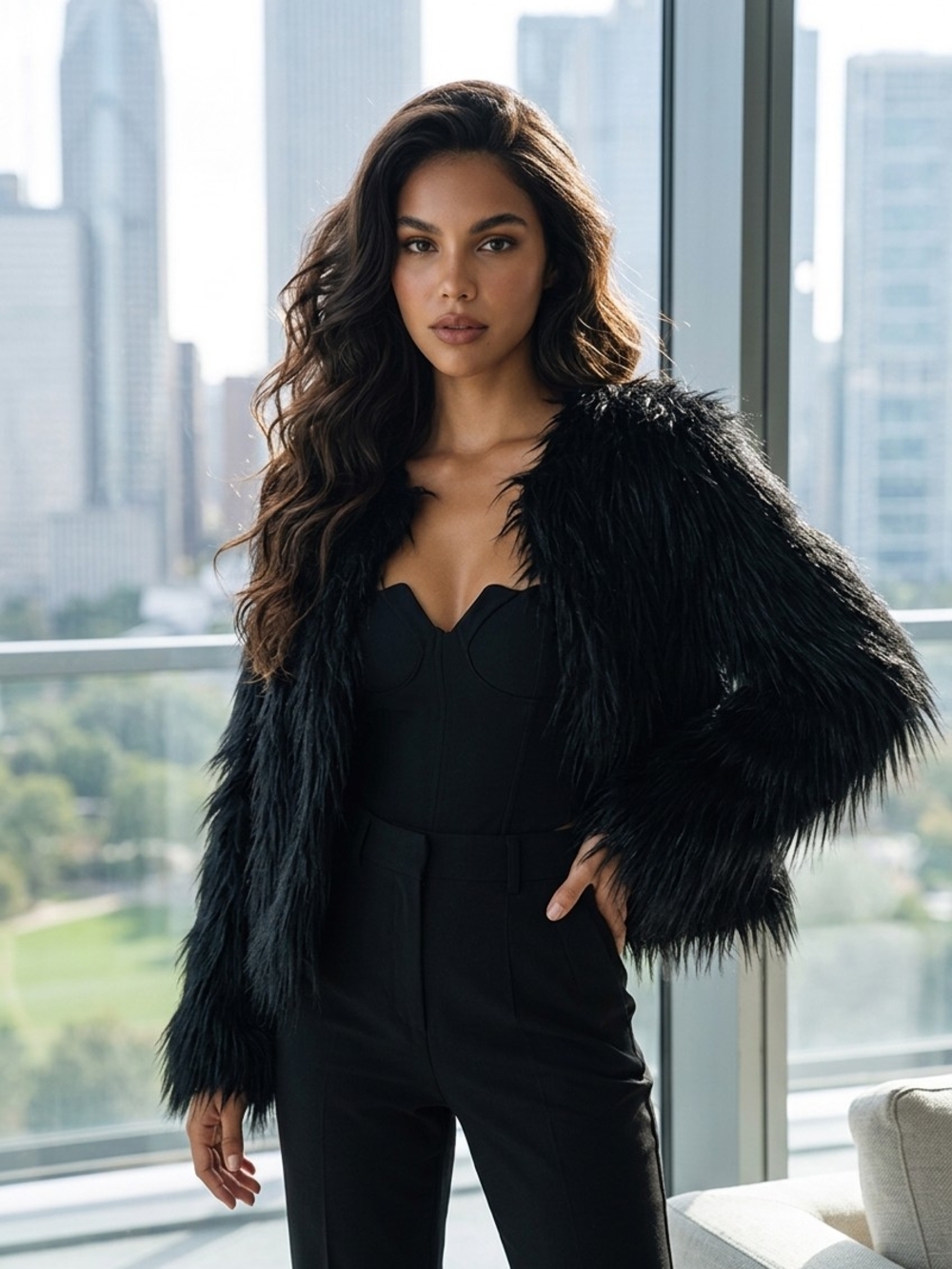Black Faux-Fur Crop Jacket - Women's Coat